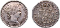 World Coins - Spain Kingdom 1859 1 Real - Isabel II Silver (.900) Madrid Mint 1.3g XF KM606.2