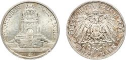 World Coins - Germany Kingdom of Saxony Second Empire 1913 E 3 Mark - Friedrich August III (Battle of Leipzig) With traces of luster Silver (.900) Muldenhütten Mint (999999) 16.73g AU  KM 1275