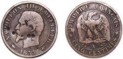 World Coins - France 1853 A 5 Centimes - Napoleon III Bronze (14145950) 4.68g VF Chopmarked Franc 2014 116 Gad 1789 152 KM 777