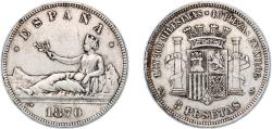 World Coins - Spain Provisional Government 1870 *18-7? SNM 5 Pesetas - Provisional Government Silver (.900) Madrid Mint (5923455) 24.93g VF  KM 655