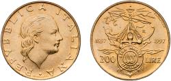 World Coins - Italy Republic 1997 R 200 Lire (Italian Naval League) Bronzital Rome Mint (40000000) 5g BU  KM 186 Schön 191