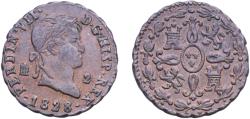 World Coins - Spain Kingdom 1828 2 Maravedis - Fernando VII (Segovia) Copper Segovia Mint 2.67g XF KM 487.1 Cal 1728
