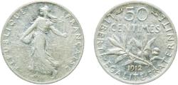 World Coins - France Third Republic 1912 50 Centimes Silver (.835) Paris Mint (16000000) 2.5g XF Franc 2014 190/19