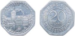 World Coins - Nuremberg and Fürth, Cities of ND 20 Pfennig - Weisser Turm (Nürnberg-Fürth) Aluminium L. Chr. Lauer Mint 1.2g UNC Men05 19256.44 Men18 24102.44 Eklund 1263