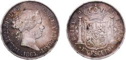 World Coins - Spain Kingdom 1865 1 Escudo - Isabel II Silver (.900) Madrid Mint 12.98g XF  KM 626