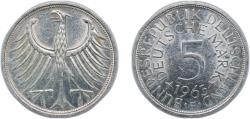 World Coins - Germany Federal Republic of Germany 1963 F 5 Deutsche Mark Silver (.625) (Copper .375) Staatliche Münze Baden-Württemberg Mint (1254000) 11.2g AU KM 112 J 387 Schön 110