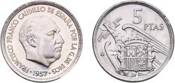 World Coins - Spain Nationalist Government 1957 *75 5 Pesetas - Francisco Franco Copper-nickel (75% copper, 25% nickel) Royal Mint of Spain (43000) 5.75g UNC  KM 786 Cal 49 Schön 34