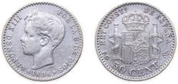 World Coins - Spain Kingdom 1896 *9-6 PGV 50 Centimos - Alfonso XIII (3rd portrait) Silver (.835) Madrid Mint (296930) 2.5g VF KM705