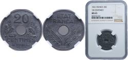 World Coins - France Vichy French State 1941 20 Centimes (Vichy French State, Zinc, "20", heavy type) Zinc Paris Mint 3.5g NGC MS 63 Franc 2014 153/2 KM 900.1