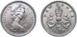 World Coins - Great Britain United Kingdom 1970 5 New Pence - Elizabeth II (2nd portrait) Copper-nickel (225948525) 5.71g XF KM 911 Sp D1