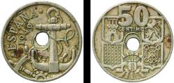 World Coins - Spain Nationalist Government 1949 51 50 Centimos (Anchor; Arrows up, Mint Error Displaced hole) Copper-nickel (75% copper, 25% nickel) Royal Mint of Spain (990000) 3.96g XF  KM 77