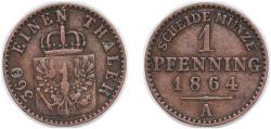 World Coins - Germany Kingdom of Prussia German states 1864 A 1 Pfenning - William I Copper 1.48g XF AKS 108 Old/Mue 2 426, 429, 433 KM 480 Kahnt/Schön 84 Neum 19