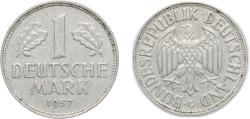 World Coins - Germany Federal Republic of Germany 1957 G 1 Deutsche Mark Copper-nickeL Staatliche Münze Baden-Württemberg Mint (3841000) 5.5g XF KM 110 J 385 Schön 108