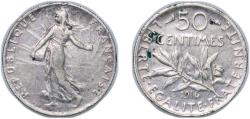 World Coins - France Third Republic 1916 50 Centimes Silver (.835) Monnaie de Paris Mint (52962657) 2.46g VF Franc 2014 190 Gad 1789 420 KM 854 Schön 186