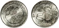 World Coins - Argentina Federal Republic 2017 5 Pesos Nickel plated steel Buenos Aires Mint (200000000) 7.33g UNC  KM 187 CJ 8.21