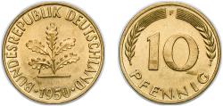 World Coins - Germany Federal Republic of Germany German states 1950 F 10 Pfennigs Brass clad steel (90% Iron, 10% Brass) Staatliche Münze Baden-Württemberg (584340000) 4g UNC KM 108 J 383 Schö