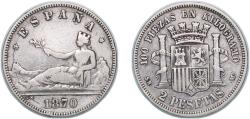 World Coins - Spain Provisional Government 1870 *18-70 SNM 2 Pesetas - Provisional Government Silver (.835) Madrid Mint (1503872) 9.82g VF KM 654