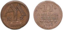 World Coins - Germany Landgraviate of Hessen-Kassel German states 1754 2 Heller - William VIII Copper 3.9g VF KM 446 Schön DM 85