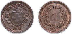 World Coins - Switzerland Federal State 1941 B 1 Rappen (Wreath; bronze) Bronze (95% copper, 4% tin, 1% zinc) Bern Mint (12794000) 1.5g UNC HMZ 2 1215 Divo/Tob19 326 KM 3 Schön 15 Y 18 Kahnt/Sc