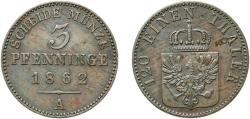World Coins - Germany Kingdom of Prussia German states 1862 A 3 Pfenninge - William I Copper Berlin Mint 4.48g AU v.Schr 4 163
