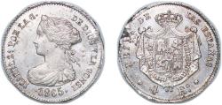 World Coins - Spain Kingdom 1865 4 Escudos Isabel II (Contemporary counterfeit in platinum) Platinum Madrid Mint 3.27g XF Damage KM 631 Cal 108