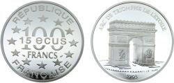 World Coins - France Fifth Republic 1993 100 Francs / 15 Euro Arc de Triomphe, Paris