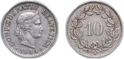 World Coins - Switzerland Federal State 1944 B 10 Rappen (Libertas; copper-nickel) Copper-nickel (75% copper, 25% nickel; non-magnetic) (6133000) 2.93g AU HMZ 2 1210 Divo/Tob19 314 KM 27 Schön