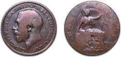 World Coins - Great Britain United Kingdom 1919 ½ Penny - George V (1st portrait) Bronze Royal Mint (Tower Hill) (28104000) 5.67g F KM 809 Sp 4056