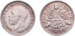 World Coins - Great Britain United Kingdom Kingdom 1934 3 Pence - George V (4th issue) Silver (.500) Royal Mint (Tower Hill) (7405900) 1.38g AU  KM 831 Sp 4042