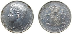World Coins - Spain Kingdom 1899 *18-99 SGV 1 Peseta - Alfonso XIII (3rd portrait) Silver (.835) Madrid Mint (7472000) 5g AU KM706 Cal41