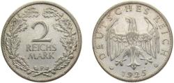World Coins - Germany  Germany - 1871-1948 Weimar Republic 1925 F 2 Reichsmark Silver (.500) Stuttgart mint (2413812) 10g XF KM45 AKS32 J320 Schön DM44