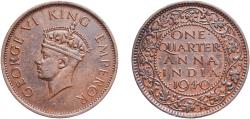 World Coins - India British Raj 1940 ¼ Anna - George VI Bronze Calcutta Mint (140410000) 4.84g AU  KM 531