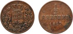 World Coins - Germany Kingdom of Württemberg German states 1847 ½ Kreuzer - Wilhelm I Copper Staatliche Münze Baden-Württemberg Mint (24092) 1.91g VF  AKS 115 KR 105 Jaeg 1 Wu 65 KM 585 Kahnt/S