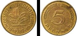 World Coins - Germany 1987 G 5 Pfennigs Brass clad steel (90% Iron, 10% Brass) Karlsruhe Mint (34600000) 3.04g XF  KM 107 J 382 Schön 105