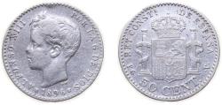 World Coins - Spain Kingdom 1896 *9-6 PGV 50 Centimos - Alfonso XIII (3rd portrait) Silver (.835) Madrid Mint (296930) 2.5g VF KM705