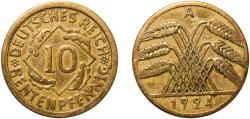 World Coins - Germany 1924 A 10 Rentenpfennig Aluminium bronze Berlin Mint (169956017) 3.91g VF  KM 33 AKS 44 J 309 Schön 32