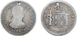 World Coins - Mexico Spanish colony 1780 FF 1 Real - Carlos III Silver (.903) Mexico City Mint 3.18g F Holed KM 78