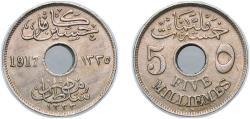 World Coins - Egypt Arab Republic of Egypt AH1335 - 1917 H 5 Milliemes - Hussein Kamel Copper-nickel Heaton and Sons / The Mint Birmingham Limited (37000000) 4.83g AU KM 315 Schön 27