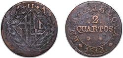 World Coins - Spain Principality of Catalonia 1813 2 Quartos Copper Barcelona Mint 3.79g VF Cal 87 KM 66