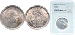 World Coins - Spain Nationalist Government 1957 *59 50 Pesetas - Francisco Franco Copper-nickel (75% copper, 25% nickel) Madrid Mint (28000000) 12.5g NGC MS 64  KM 788 Schön 36