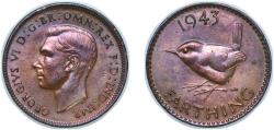 World Coins - Great Britain United Kingdom 1943 1 Farthing - George VI (with 'IND:IMP') Bronze (33345600) 2.83g AU KM 843 Sp 4116
