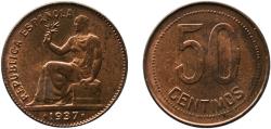 World Coins - Spain Second Republic 1937 50 Centimos Brass Madrid Mint (50000000) 5.93g UNC  Schön 20