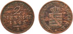 World Coins - Germany Grand Duchy of Saxe-Weimar-Eisenach German states 1865 A 2 Pfennige - Charles Alexander Copper Berlin Mint (540000) 2.96g VF  AKS 36 KoppeSW 640 Jaeg 11 Sac 533 KM 206 Kah