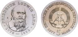 World Coins - Germany German Democratic Republic Democratic republic 1977 5 Mark (Friedrich Ludwig Jahn) Copper-nickel Berlin Mint (90675) 12.22g UNC KM 64