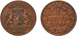 World Coins - Germany Duchy of Nassau German states 1862 1 Pfennig - Adolph Copper Wiesbaden Mint (490000) 1.32g XF  AKS 75 Jaeg 7 NW 57 KM 73