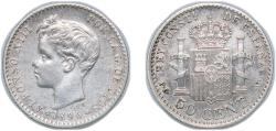 World Coins - Spain Kingdom 1896 *9-6 PGV 50 Centimos - Alfonso XIII (3rd portrait) Silver (.835) Madrid Mint (296930) 2.49g XF KM 705 Cal 59