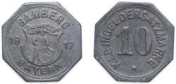 World Coins - Germany City of Bamberg (notgeld) 1917 10 Pfennig - Bamberg Zinc 2.15g XF  Funck 29.2 Men05 1272.2 Men18 1650.2