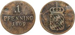 World Coins - Germany Kingdom of Bavaria German states 1809 1 Pfenning - Maximilian I Joseph Copper Munich Mint 1.13g F  AKS 57 Jaeg 5 Bay 6 KM 680