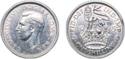 World Coins - Great Britain United Kingdom 1945 1 Shilling - George VI (English crest; with 'IND:IMP') Silver (.500) Royal Mint (Tower Hill) (15143400) 5.66g XF KM 853 Sp 4082