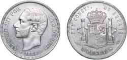 World Coins - Spain Kingdom 1885 *18-87 MPM 5 Pesetas - Alfonso XII (3rd portrait) Silver (.900) Madrid Mint 24.81g AU KM 688 Cal 34